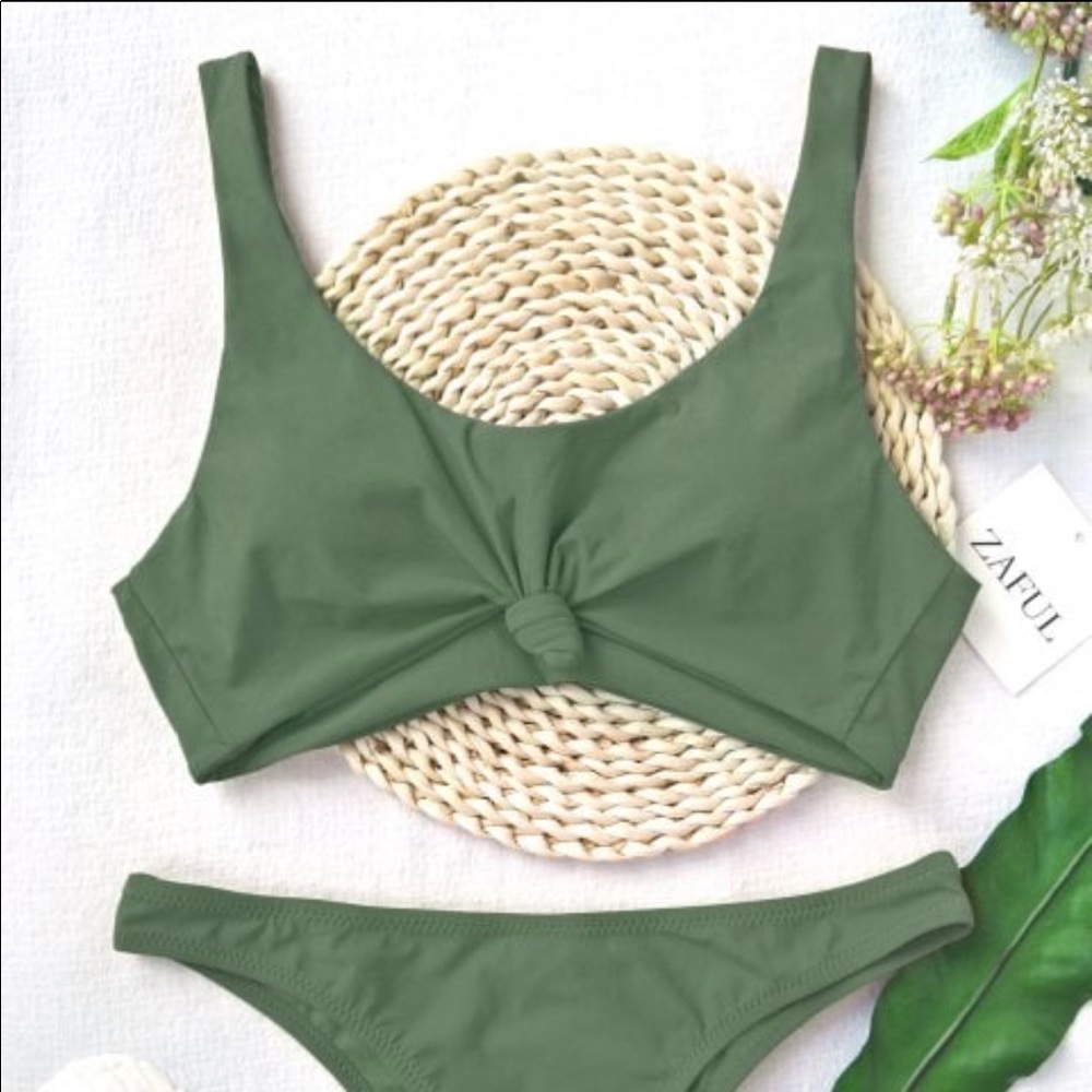 Knotted Scoop High Cut Bathing Suit - Army Green S